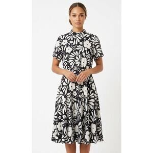 ANN TAYLOR Women's Floral Midi Dress Large Polyester Black White Retro